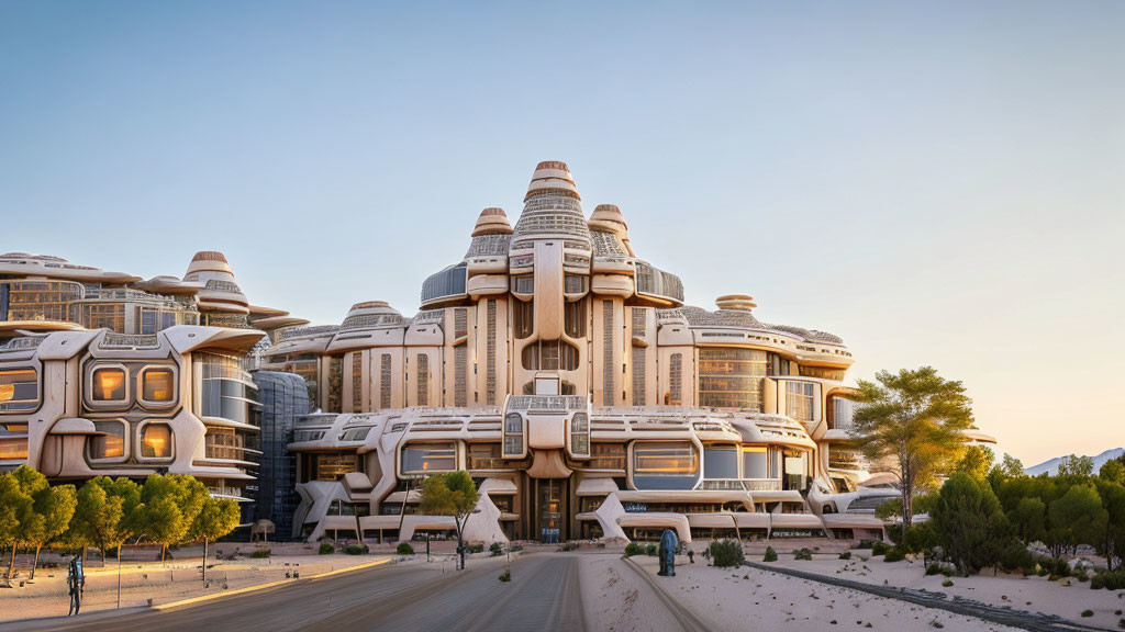 Unique multi-story futuristic building complex in desert at dusk