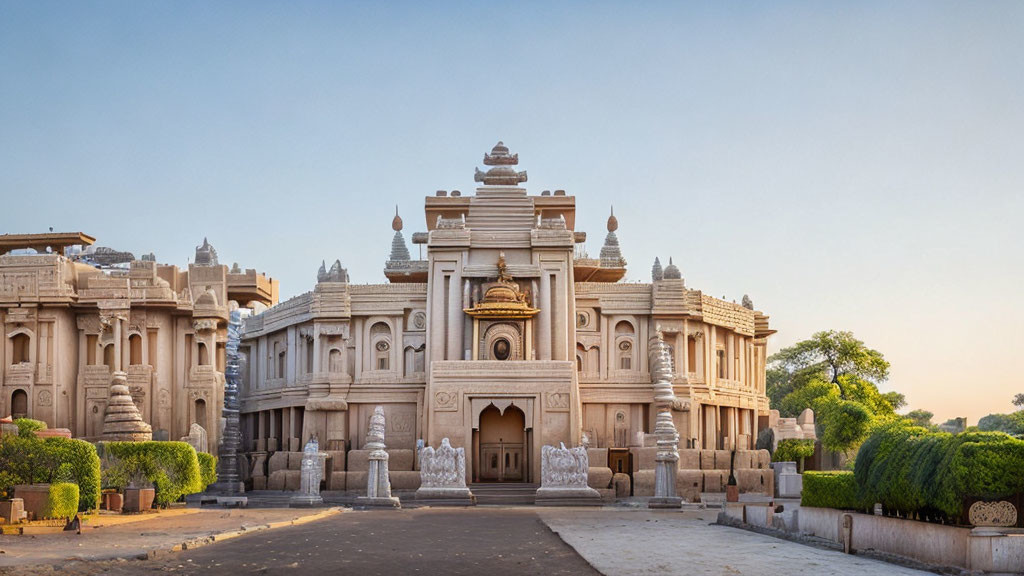 Traditional-style temple with intricate carvings and statues against clear blue sky