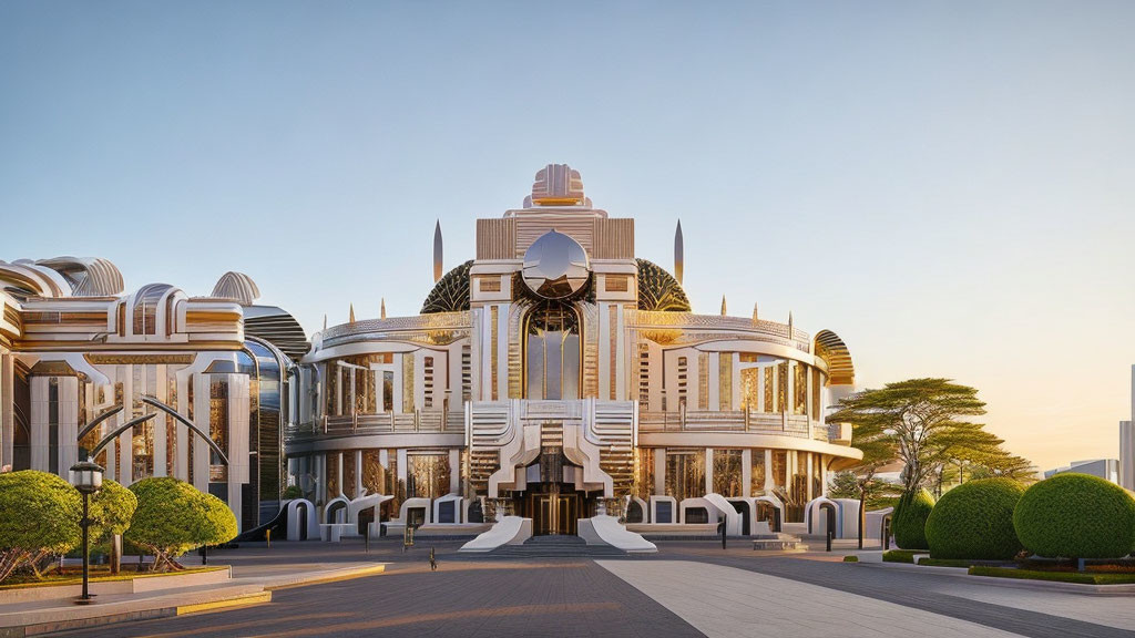 Symmetrical futuristic building with ornate design and central arched entrance