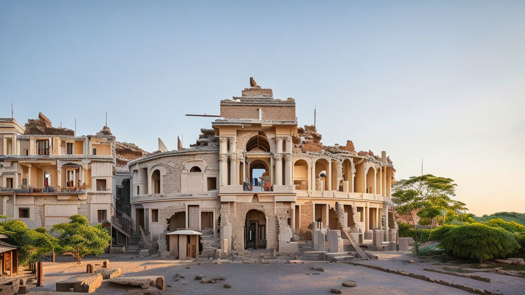 Preserved historical building ruins among modern structures at dusk