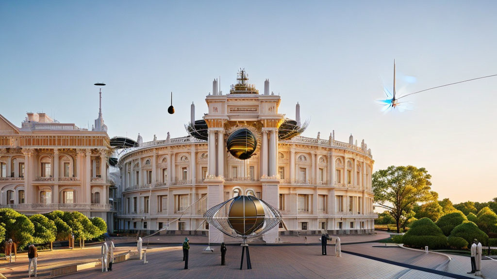 Classical-style building with central dome and grand staircases at sunset