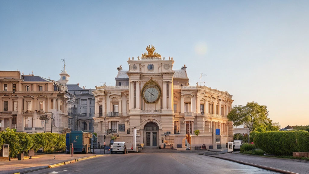 Ornate white building with large clock face and golden embellishments