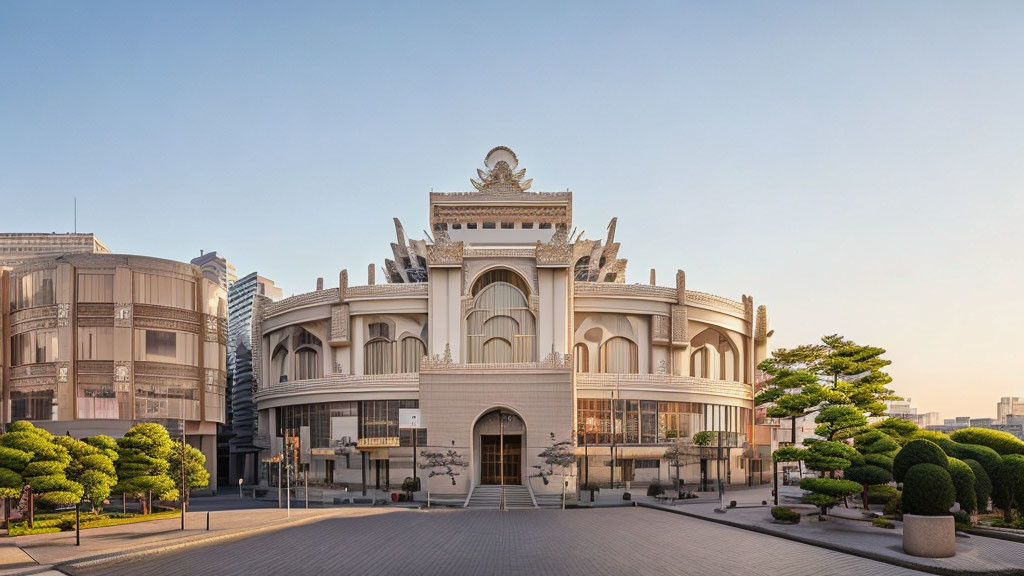 Symmetrical classical building with ornate facade and modern structures under clear sky