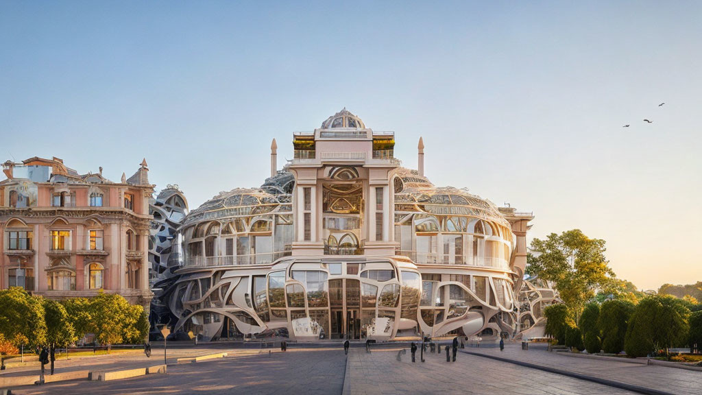 Modern building with glass facade beside traditional architecture at sunrise/sunset