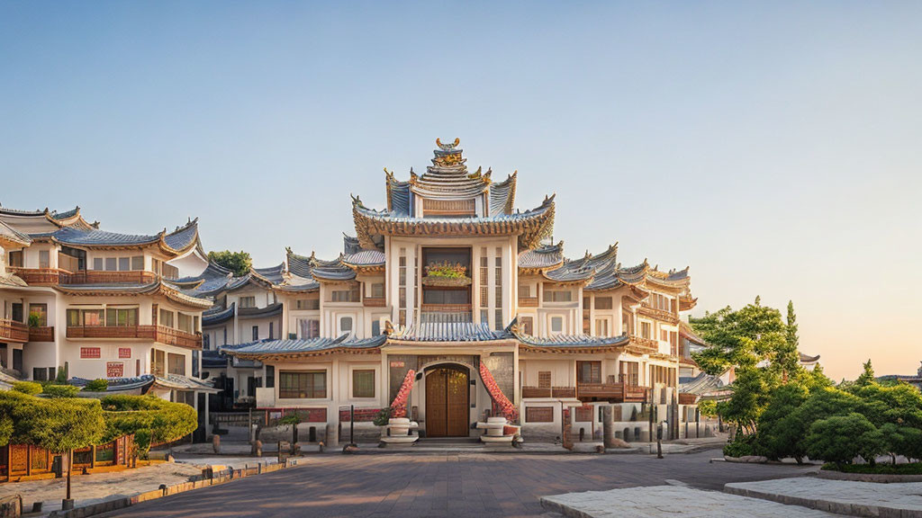 Ornate Traditional Chinese Temple with Pagoda at Dusk