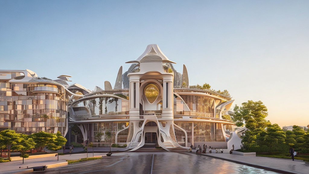 Modern building with central dome and intricate design amidst greenery.