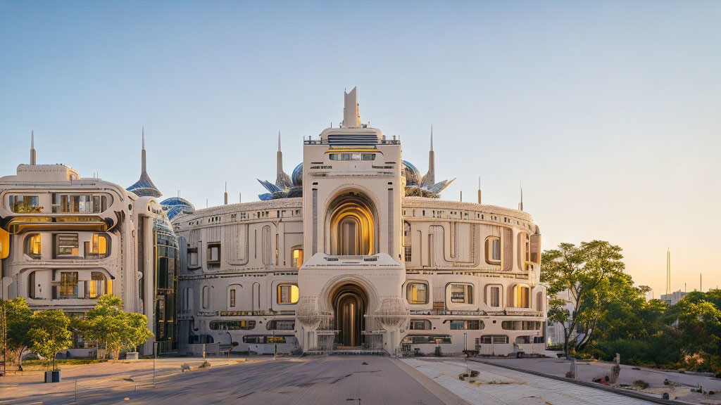 White Art Deco building with futuristic design, palm trees, and esplanade at dusk