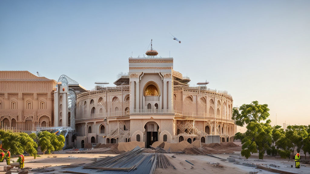 Traditional architectural building under construction with workers and helicopter in clear sky