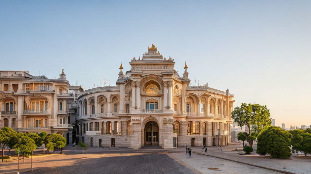 Neoclassical building with arched windows and intricate detailing