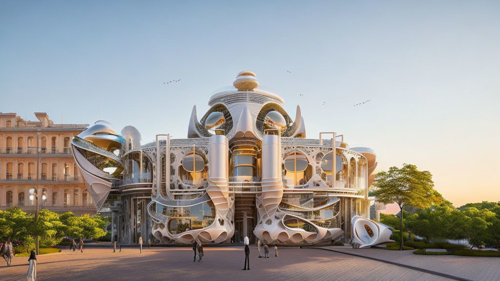 Futuristic organic architecture alongside classic building with people and birds.