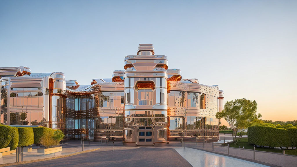 Futuristic metallic and glass building with terraced design in twilight landscape