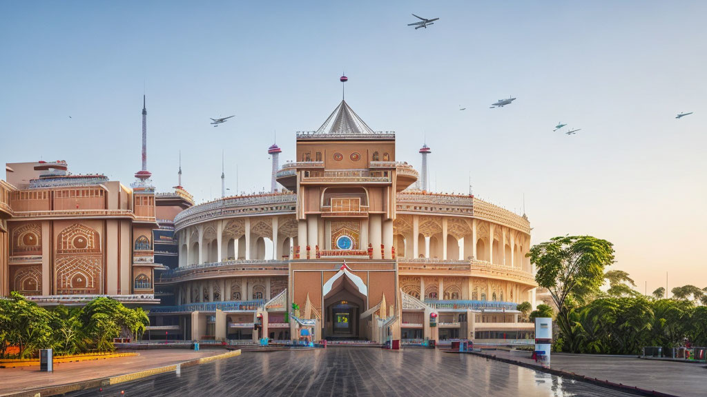 Traditional Architectural Building with Birds Flying in Clear Sky