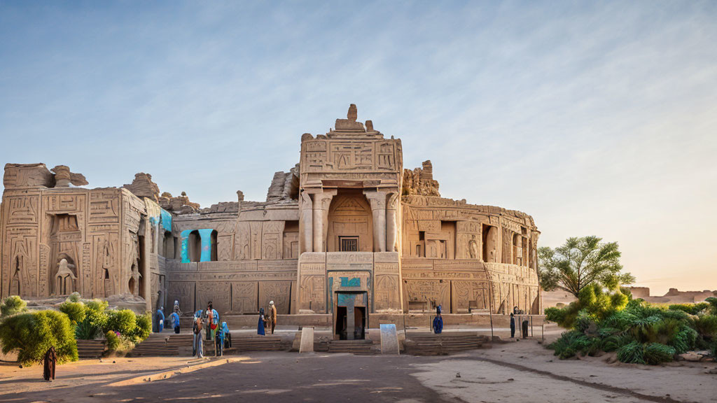 Ancient temple with intricate carvings under clear sky and palm trees