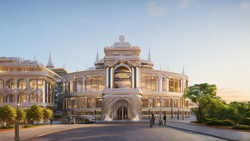 Neoclassical building with intricate detailing and glass facades at dusk