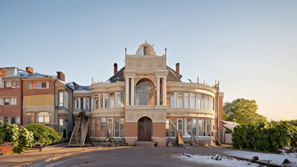 Victorian-style building with intricate facade and round windows next to modern residential buildings