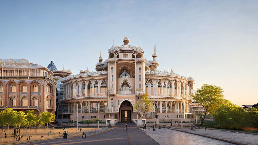 Ornate building with spires against clear dusk sky