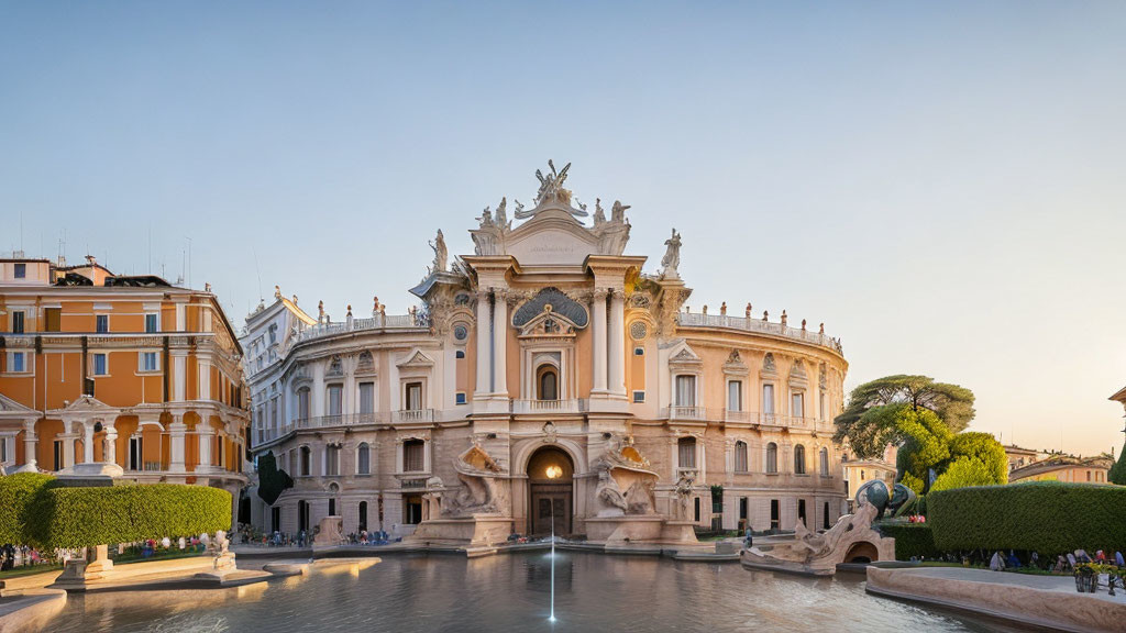 Historic building with Baroque façade, statues, fountain, and sunset sky by the water's