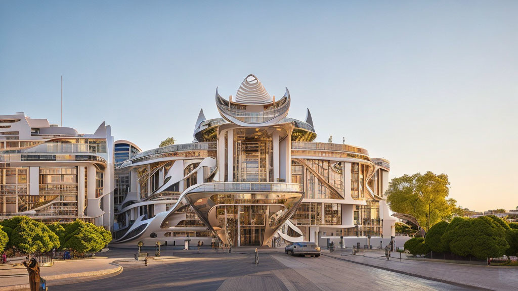 Unique Modern Building: White Curved Structures, Glass Panels & Central Tower at Sunset