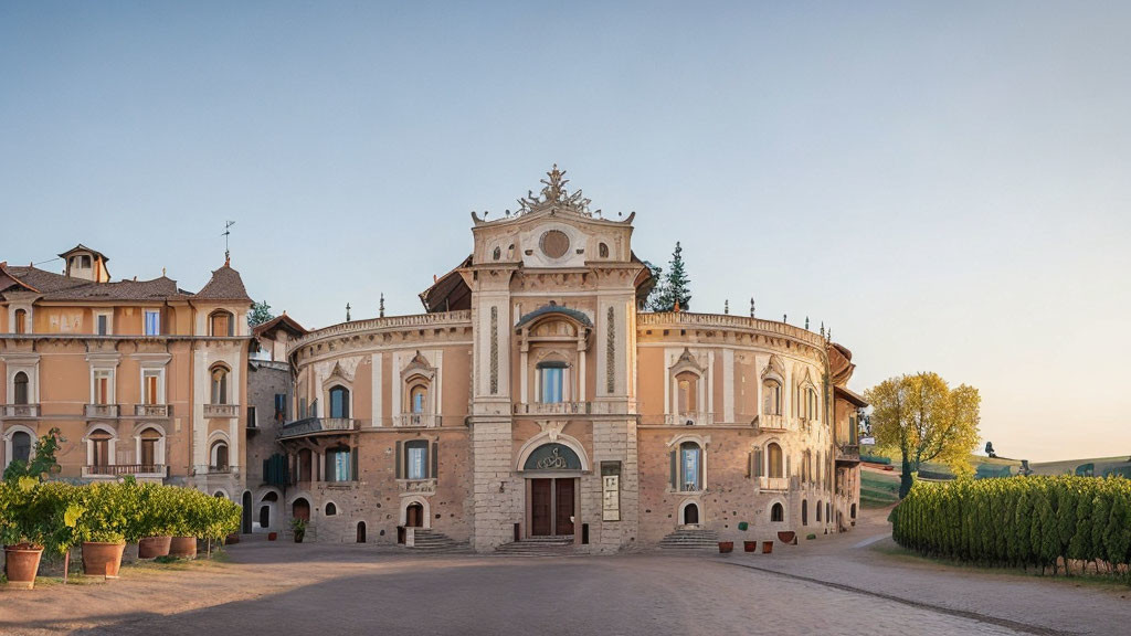 Historic building with ornate facade in symmetrical architecture at dawn or dusk