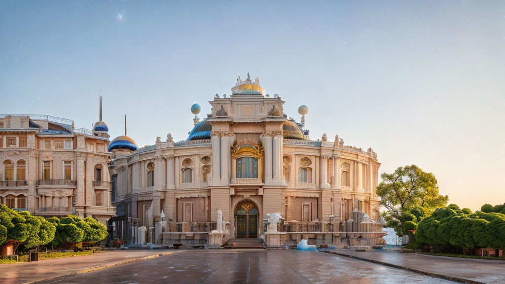 Historic Building with Ornate Dome and Facade in Warm Sunrise Light