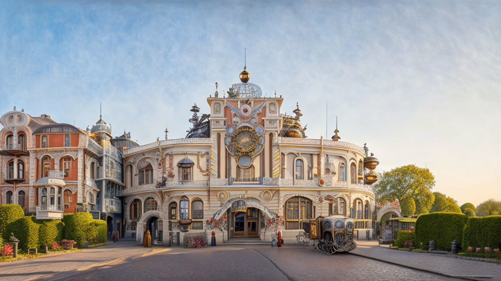 Elaborate Clock and Vintage Train at Ornate Theme Park