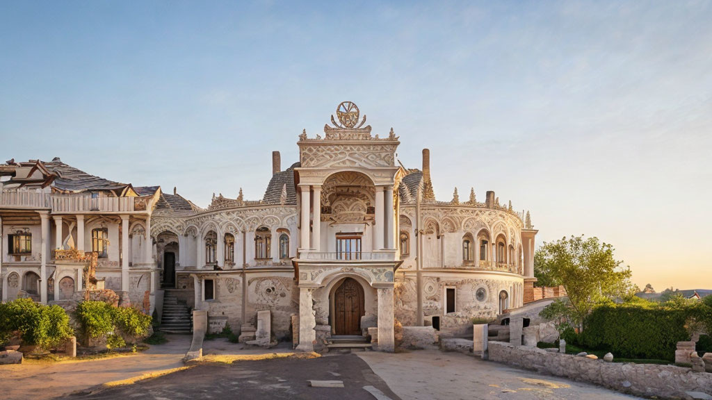 Historical white building with intricate facade details at dusk