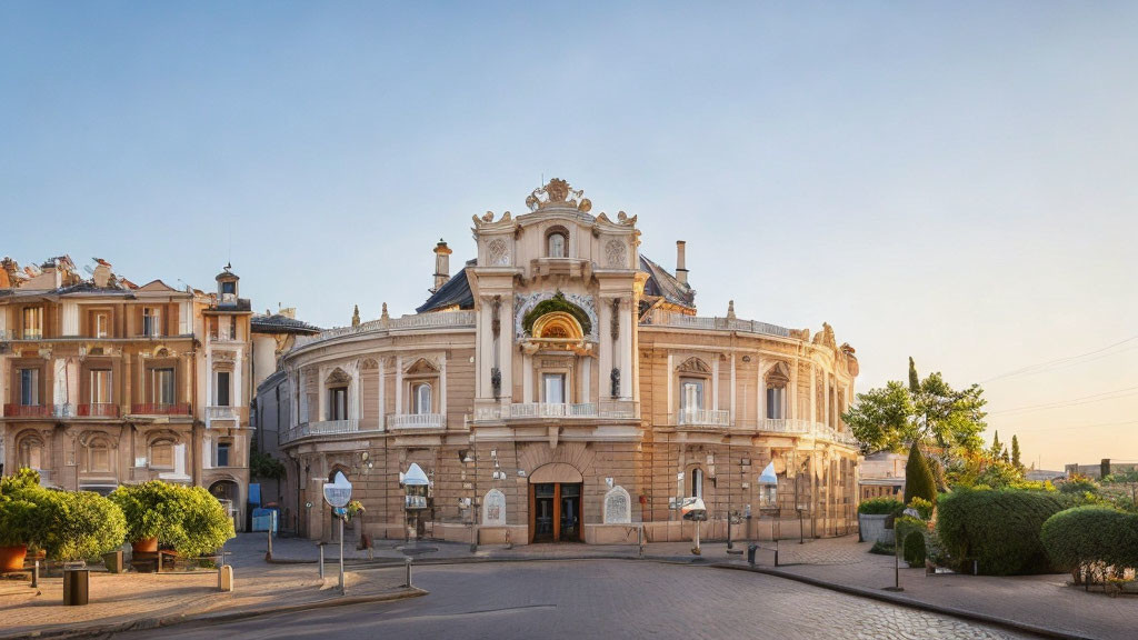 Historical Building with Baroque Architecture on Street Corner at Sunrise or Sunset