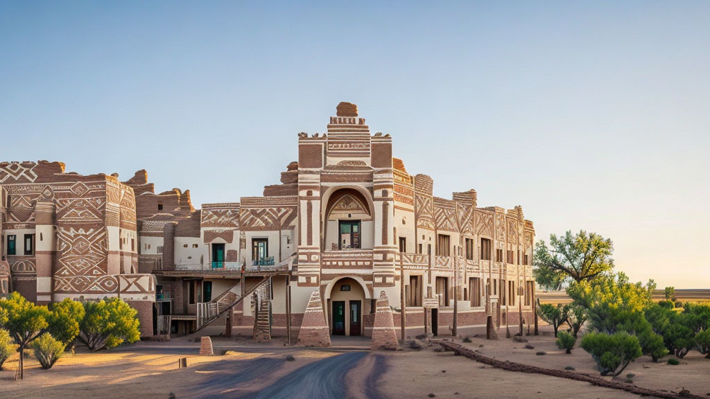 Traditional desert building with ornate patterns and central archway entrance surrounded by greenery.