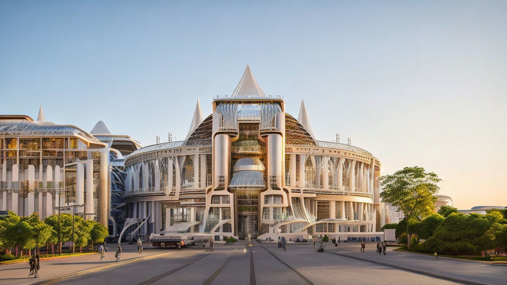 Symmetrical futuristic building with glass facades and spire-like peaks surrounded by trees and pedestrians