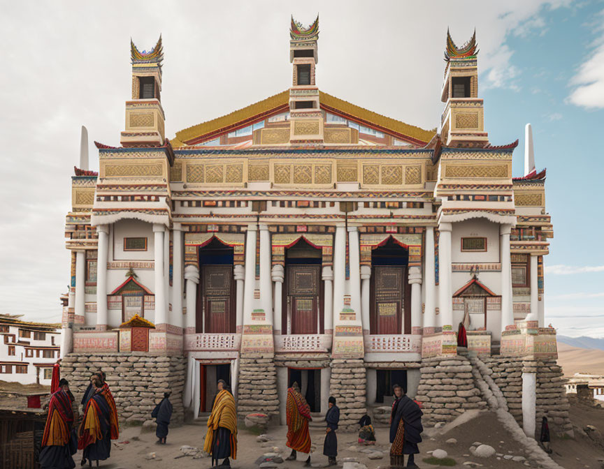 Traditional Tibetan Monastery with Ornate Architecture and Monks Gathering