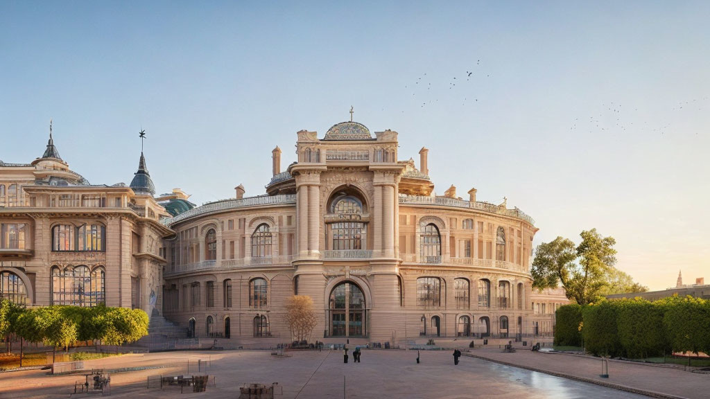 Neoclassical building with ornate details and large windows in soft sunlight