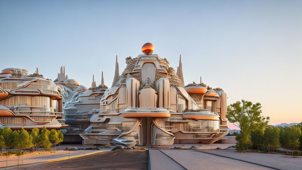 Organic Futuristic Architecture: Rounded Buildings with Orange Accents at Dusk