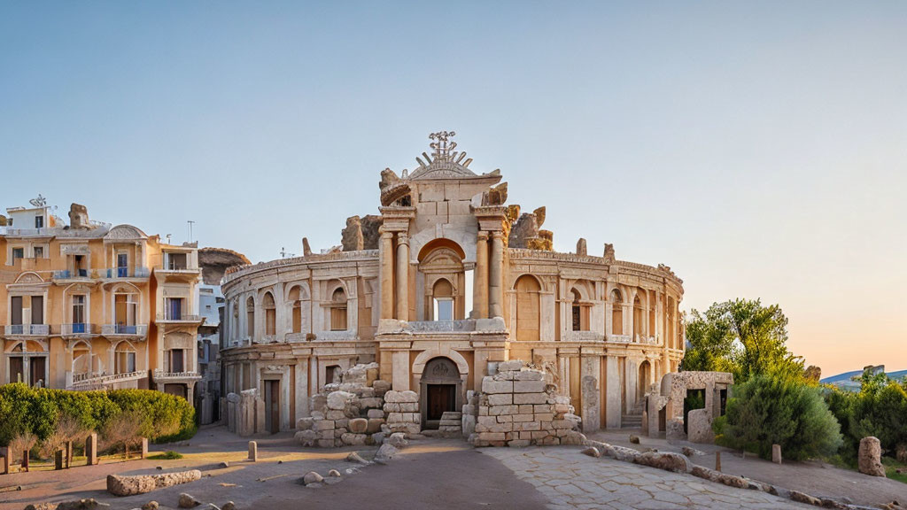 Ancient Roman amphitheater ruins with detailed archway entrance and modern residential buildings at dusk