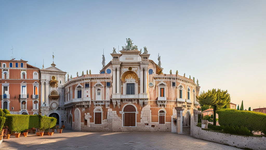 Venetian building with arched loggia and classical statues.