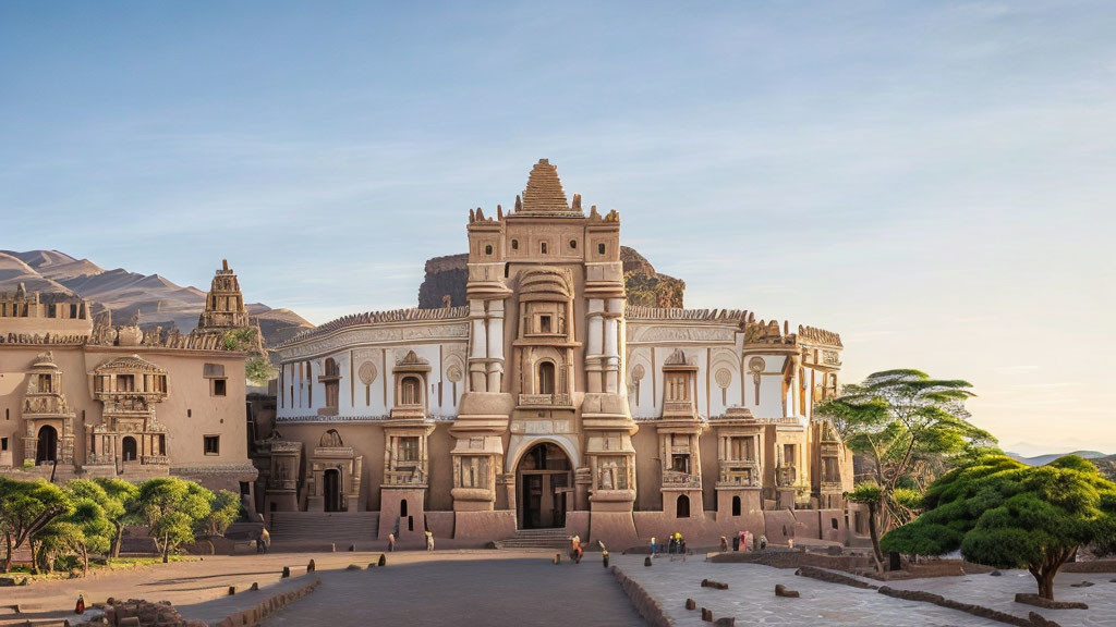 Traditional architecture: Ornate building with grand entrance and multiple levels against scenic backdrop