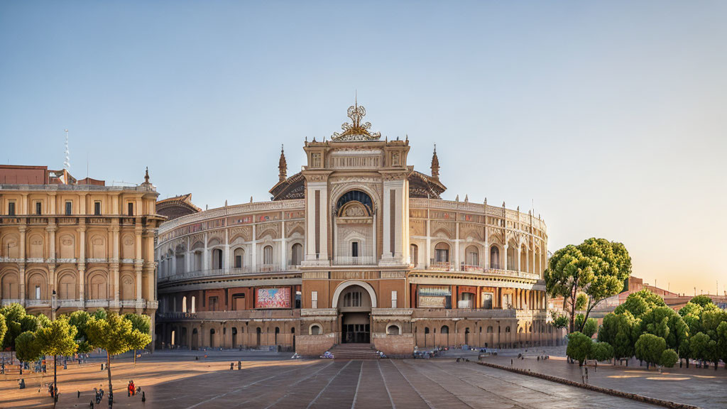 Ornate Classical Architecture Building with Arched Entrances in Sunset Square