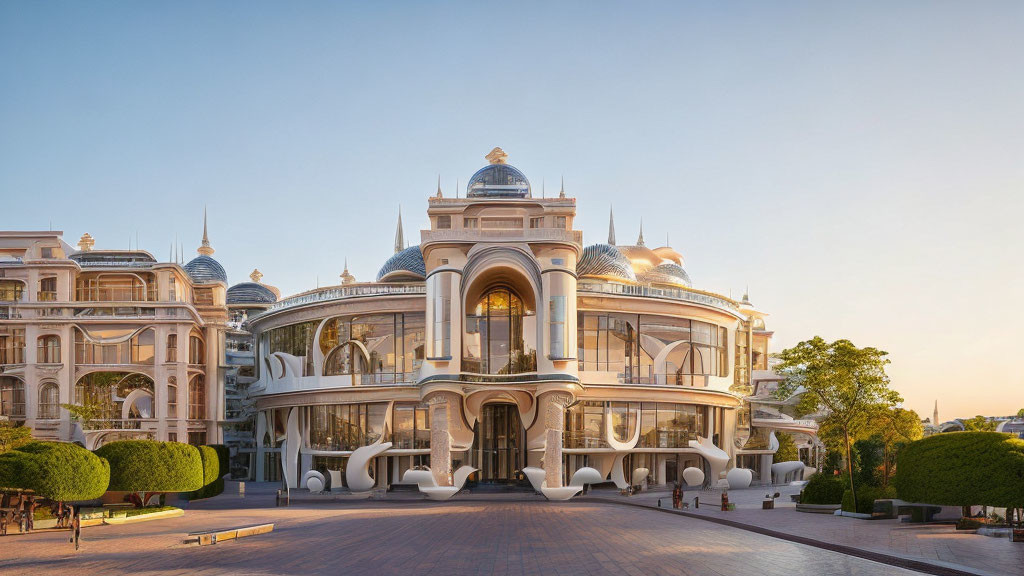 Opulent white and gold building with domes and arched windows at dusk