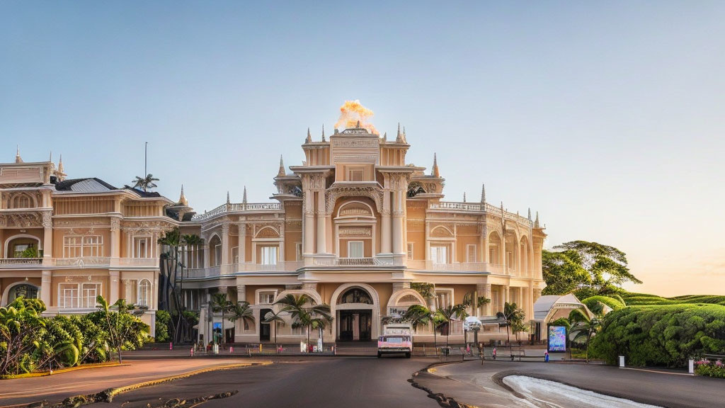 Neoclassical building with ornate facade and fiery tower against sunset sky