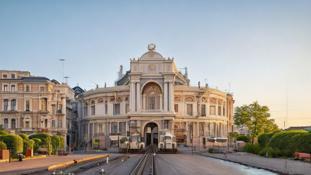 Classical architecture train station at sunset