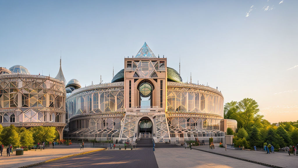 Glass building with metal framework and geometric shapes, central archway, trees, clear sky