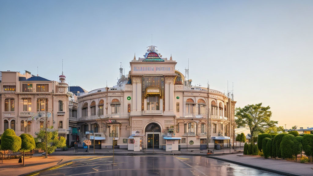 Classical architecture building at sunrise on empty street