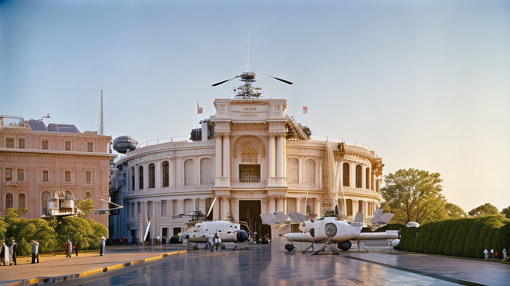 Grand White Building with Dome and Aircraft Displayed in Front Under Clear Blue Sky