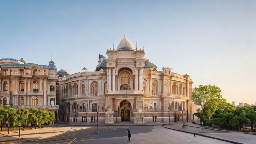 European-style building with grand arches and domes in warm sunlight at deserted intersection