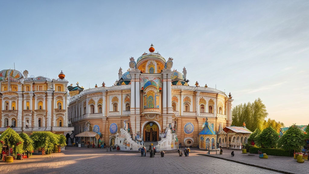 Historic building with domed arches and colorful façades at sunset