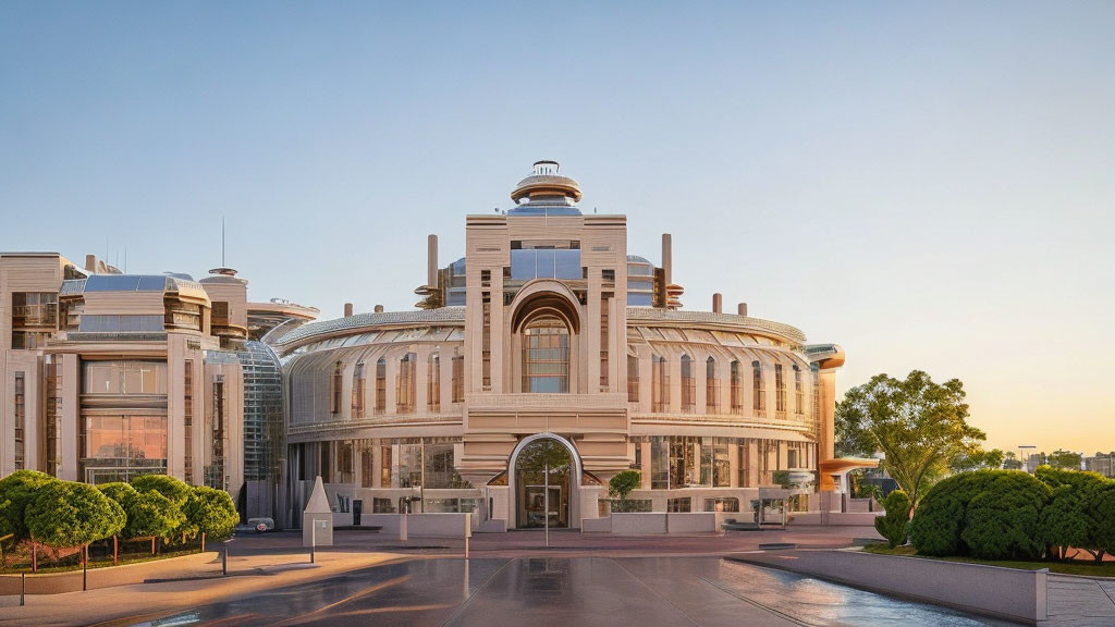 Modern building with central dome and arched windows at dusk