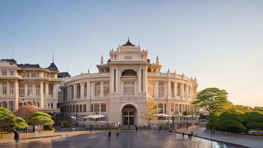 Neoclassical building with ornate facade and grand entrance at dusk