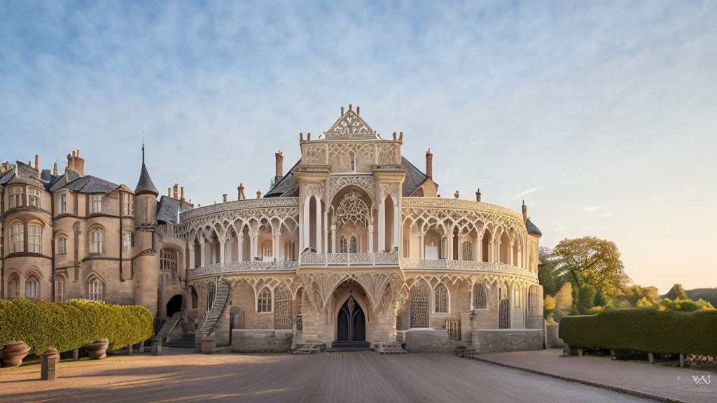 Gothic architecture castle with manicured hedges in soft dusk light