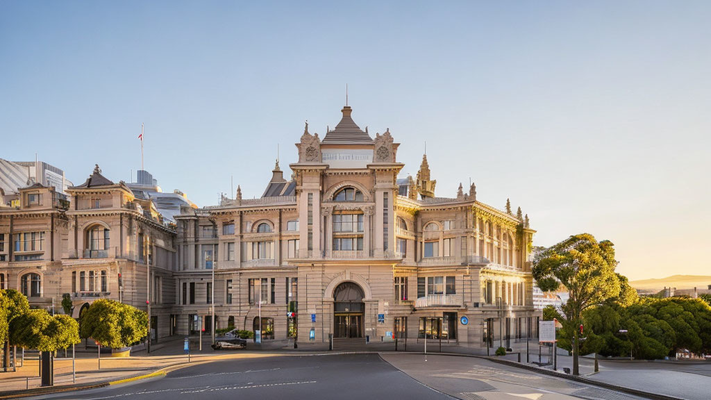 Historical building with ornate architecture at sunrise