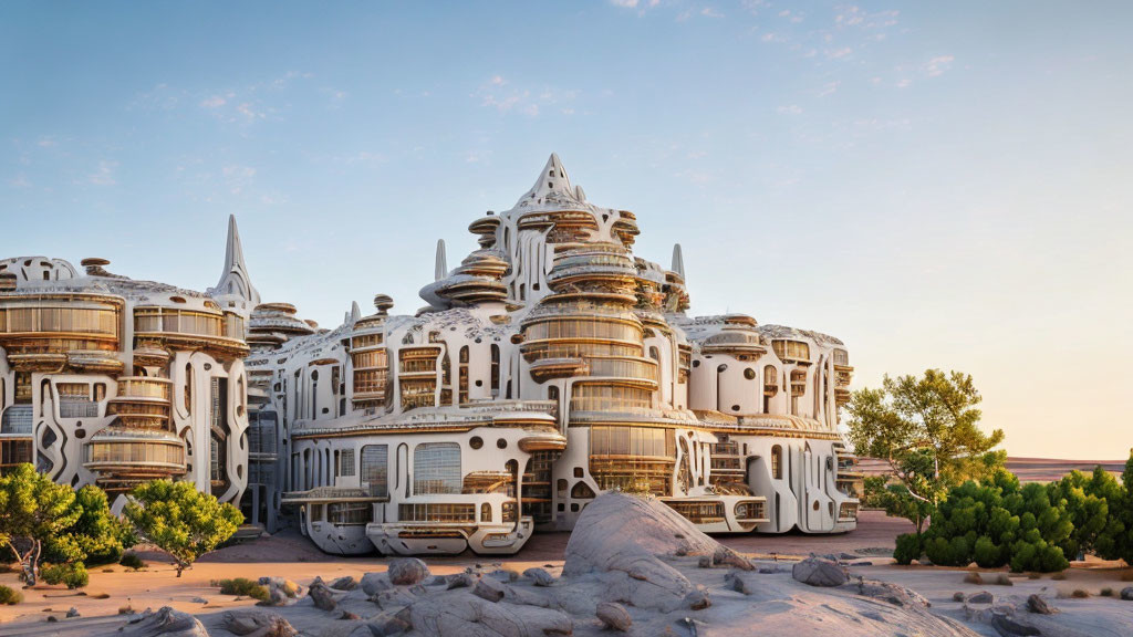 White futuristic buildings in desert with intricate designs under clear sky