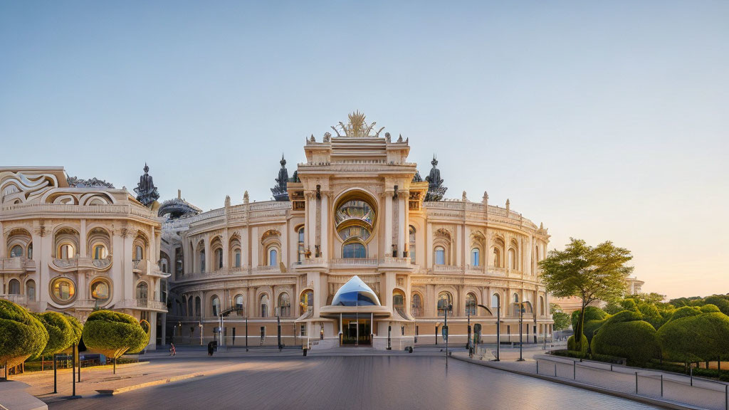 Ornate classical facade of majestic opera house at sunset